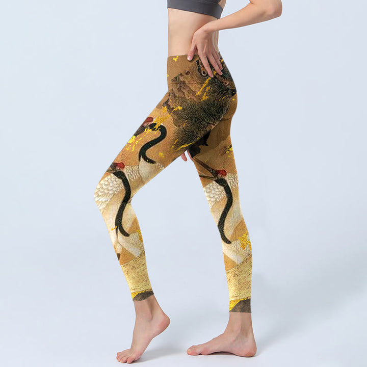 Buddha Stones Rock Pine Tree Red-crowned Crane Pattern Print Gym Leggings Women's Yoga Pants