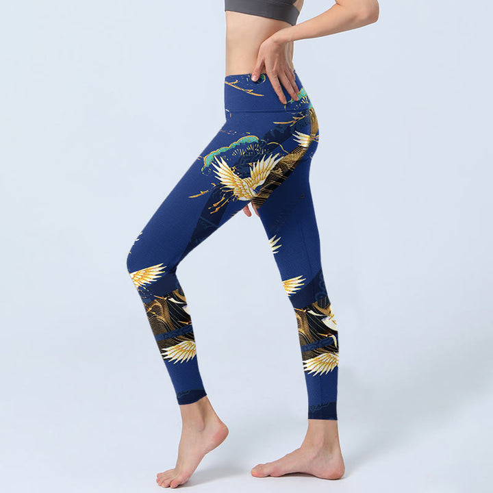 Buddha Stones Mountain Temple Red Crowned Crane Pattern Print Gym Leggings Women's Yoga Pants