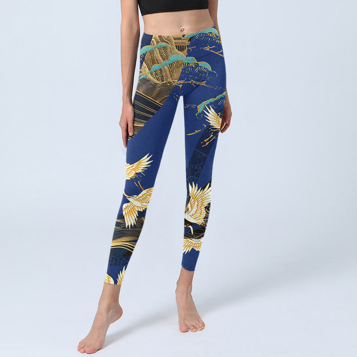 Buddha Stones Mountain Temple Red Crowned Crane Pattern Print Gym Leggings Women's Yoga Pants