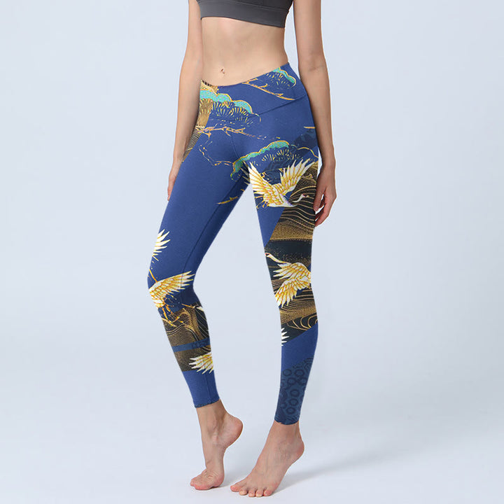 Buddha Stones Mountain Temple Red Crowned Crane Pattern Print Gym Leggings Women's Yoga Pants