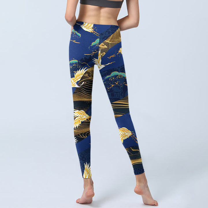 Buddha Stones Mountain Temple Red Crowned Crane Pattern Print Gym Leggings Women's Yoga Pants - image 7
