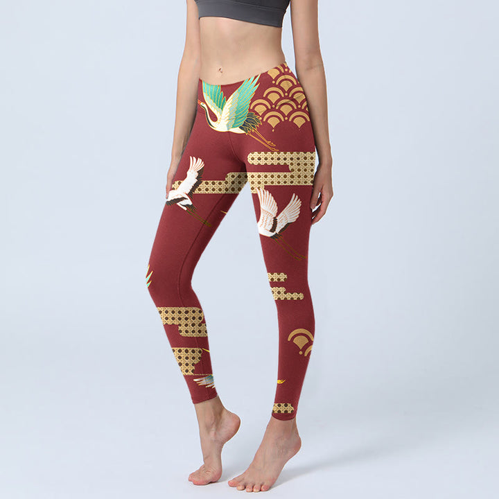 Buddha Stones Red Crowned Crane Cloud Pattern Print Gym Leggings Women's Yoga Pants - FireBrick - US18，UK/AU22，EU50 (4XL) - image 0