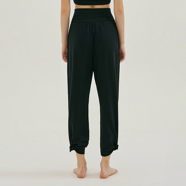 Buddha Stones Casual Loose Tie-down Hem Plain High Waist Women's Leica Pants With Pockets - image 9