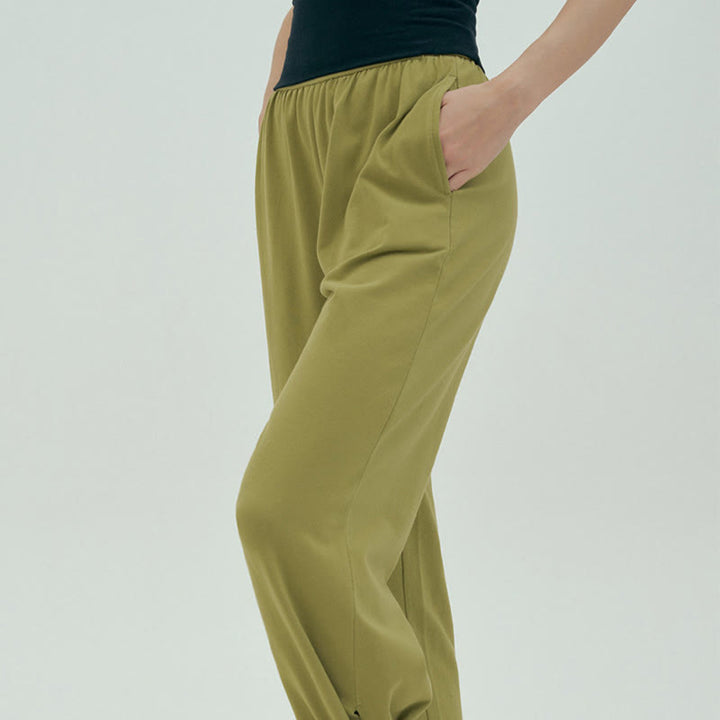 Buddha Stones Casual Loose Tie-down Hem Plain High Waist Women's Leica Pants With Pockets - image 43