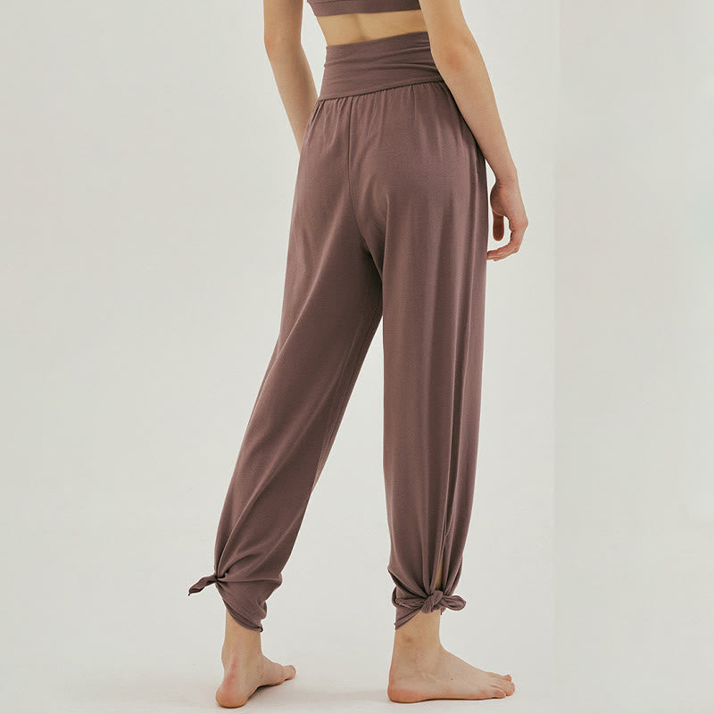 Buddha Stones Casual Loose Tie-down Hem Plain High Waist Women's Leica Pants With Pockets