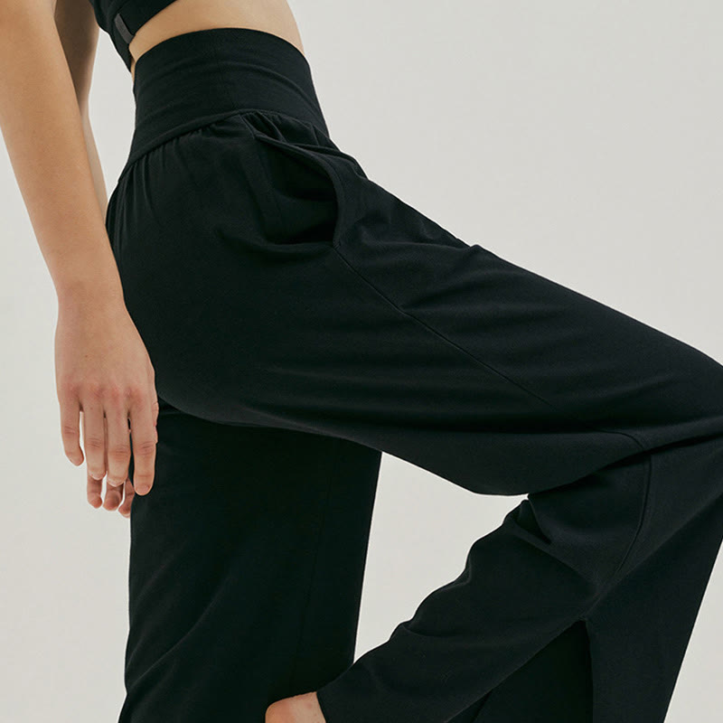 Buddha Stones Casual Loose Tie-down Hem Plain High Waist Women's Leica Pants With Pockets - image 11