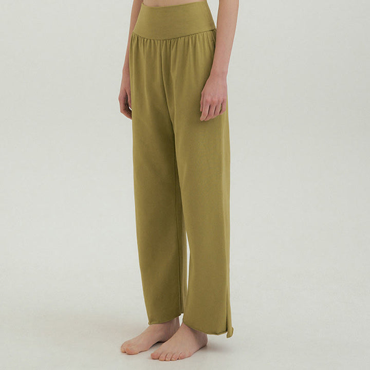 Buddha Stones Casual Loose Tie-down Hem Plain High Waist Women's Leica Pants With Pockets