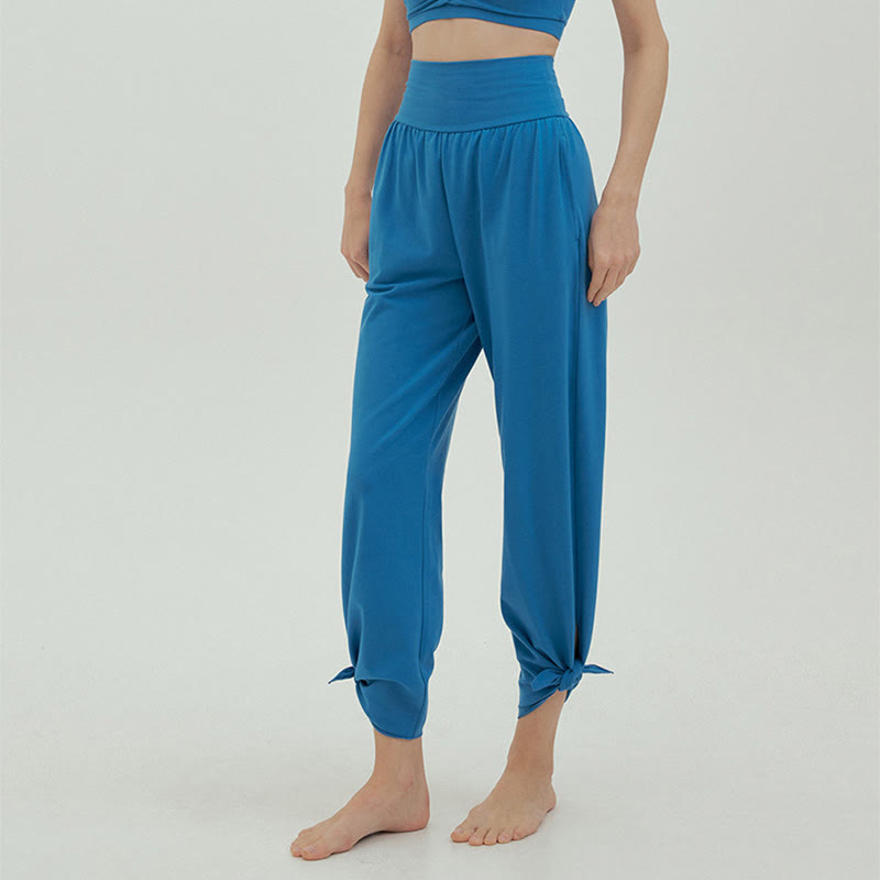 Buddha Stones Casual Loose Tie-down Hem Plain High Waist Women's Leica Pants With Pockets - image 49
