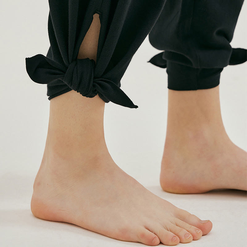 Buddha Stones Casual Loose Tie-down Hem Plain High Waist Women's Leica Pants With Pockets - image 15