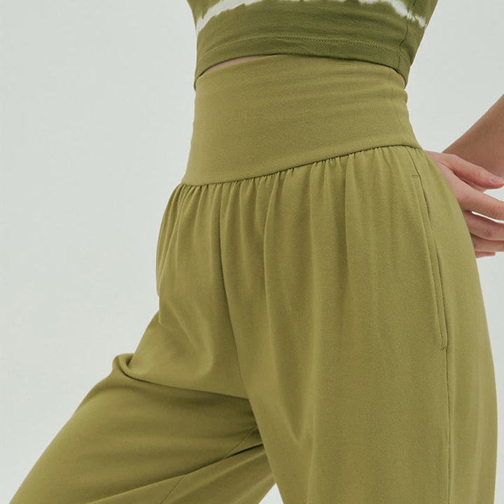 Buddha Stones Casual Loose Tie-down Hem Plain High Waist Women's Leica Pants With Pockets - image 40