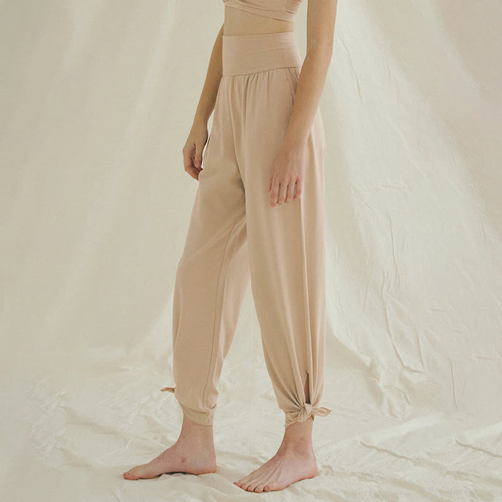 Buddha Stones Casual Loose Tie-down Hem Plain High Waist Women's Leica Pants With Pockets - image 21