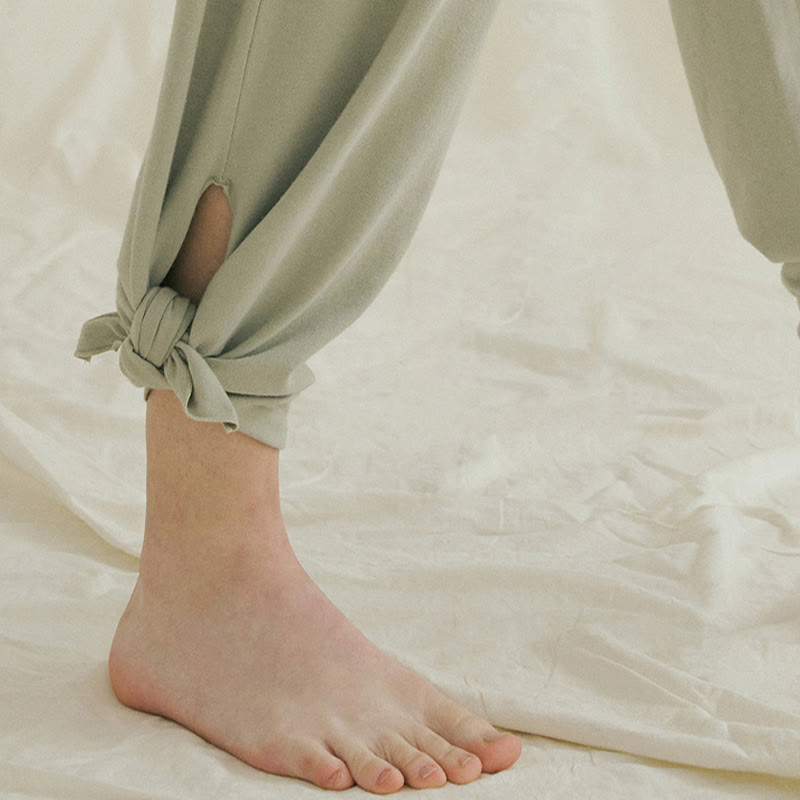 Buddha Stones Casual Loose Tie-down Hem Plain High Waist Women's Leica Pants With Pockets - image 7