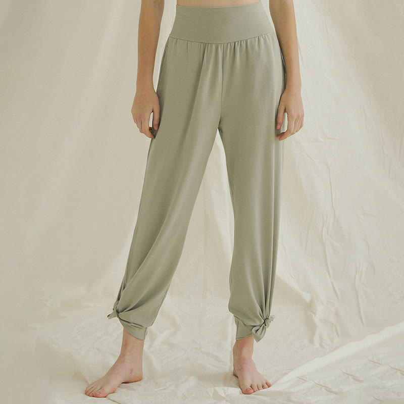 Buddha Stones Casual Loose Tie-down Hem Plain High Waist Women's Leica Pants With Pockets - LightGreen - US4，UK/AU8，EU36 (L) - image 1