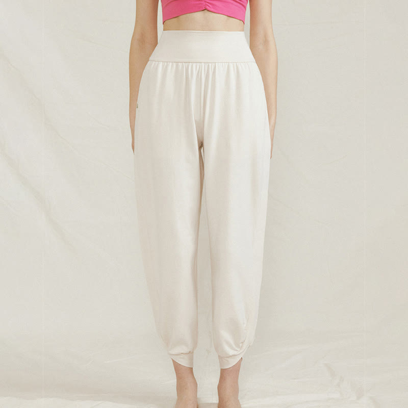 Buddha Stones Casual Plain High Waist Side Fold Quick Drying Women's Cotton Pants With Pockets - image 2