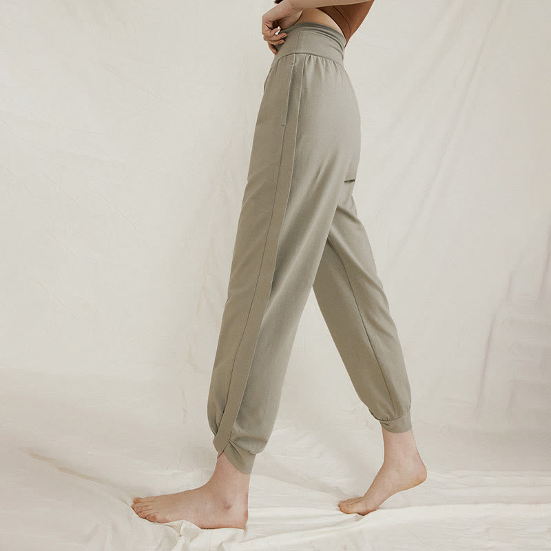 Buddha Stones Casual Plain High Waist Side Fold Quick Drying Women's Cotton Pants With Pockets - image 7