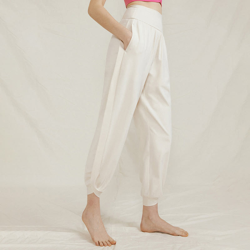 Buddha Stones Casual Plain High Waist Side Fold Quick Drying Women's Cotton Pants With Pockets - Ivory - US4，UK/AU8，EU36 (L) - image 0