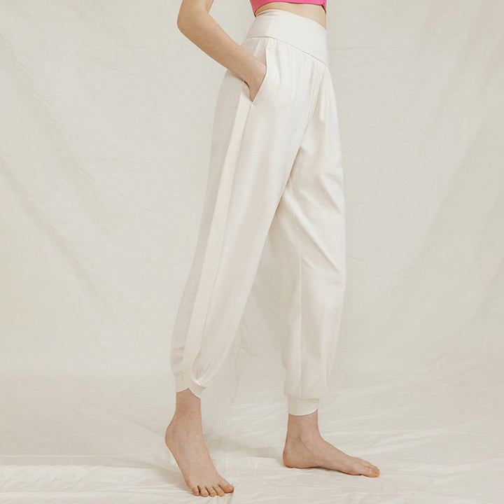 Buddha Stones Casual Plain High Waist Side Fold Quick Drying Women's Cotton Pants With Pockets - Ivory - US4，UK/AU8，EU36 (L) - image 0