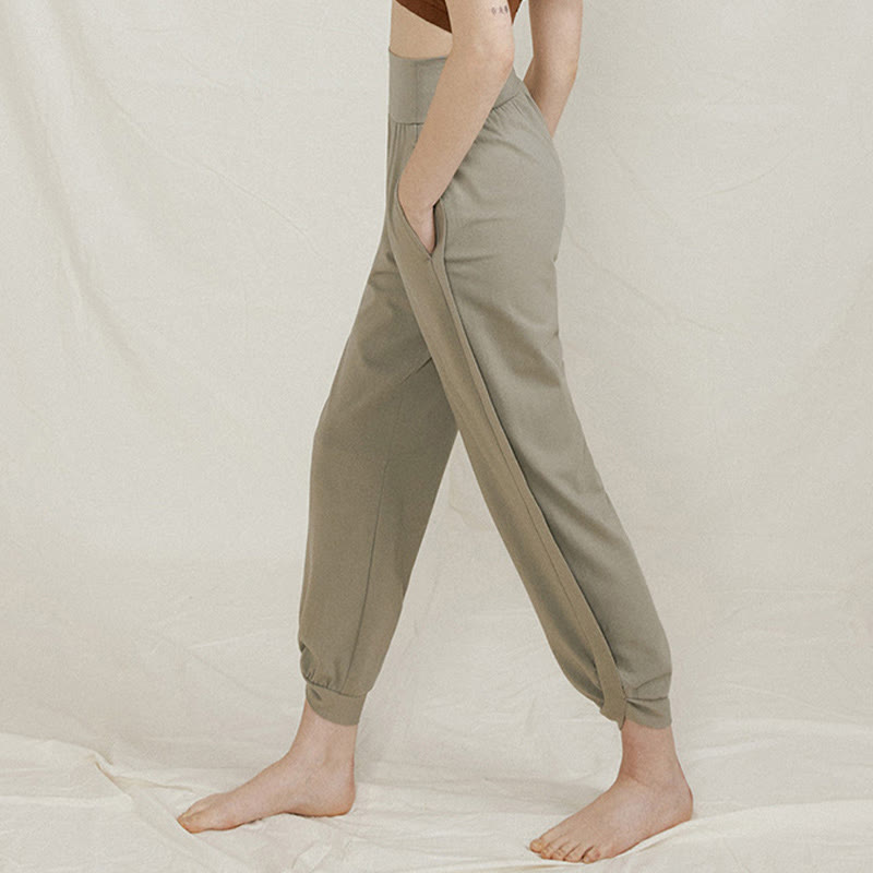 Buddha Stones Casual Plain High Waist Side Fold Quick Drying Women's Cotton Pants With Pockets - image 11