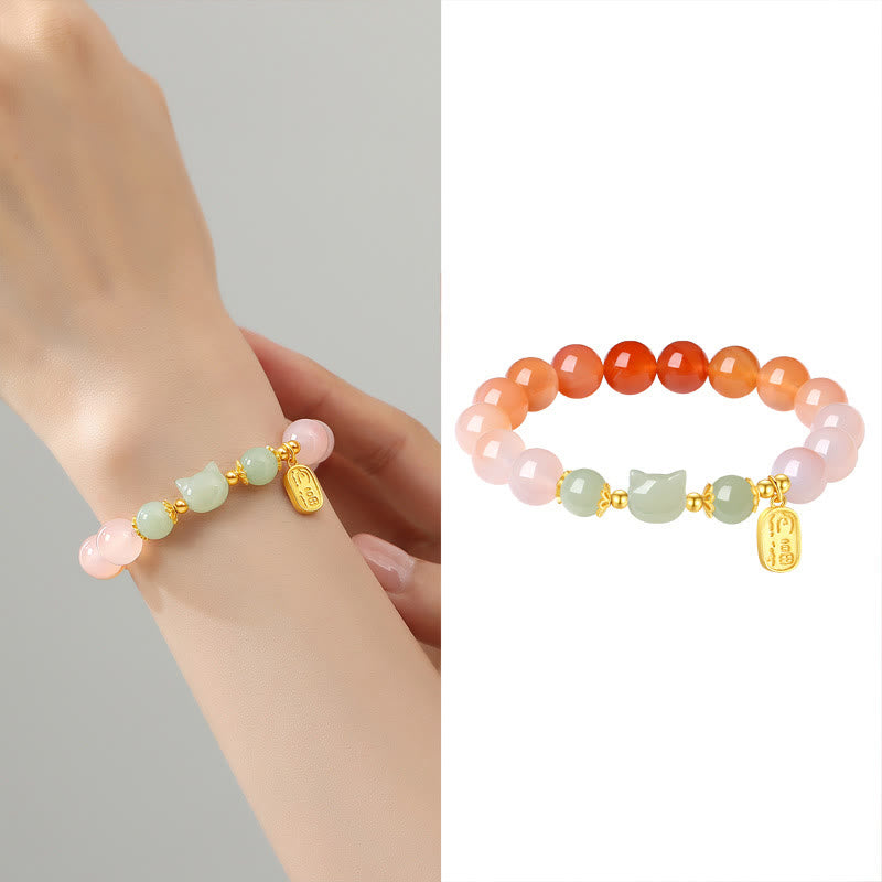 Buddha Stones 925 Sterling Silver Red Agate Hetian Jade Cat Fu Character Confidence Bracelet - image 10