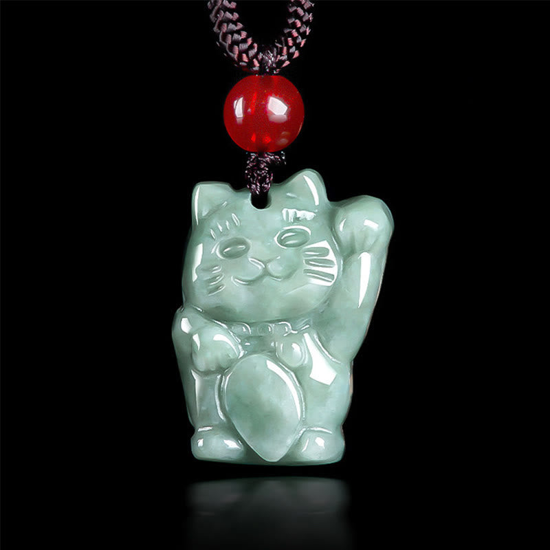 Buddha Stones Lucky Cat Jade Abundance Necklace Pendant - Bean Green Jade - image 1