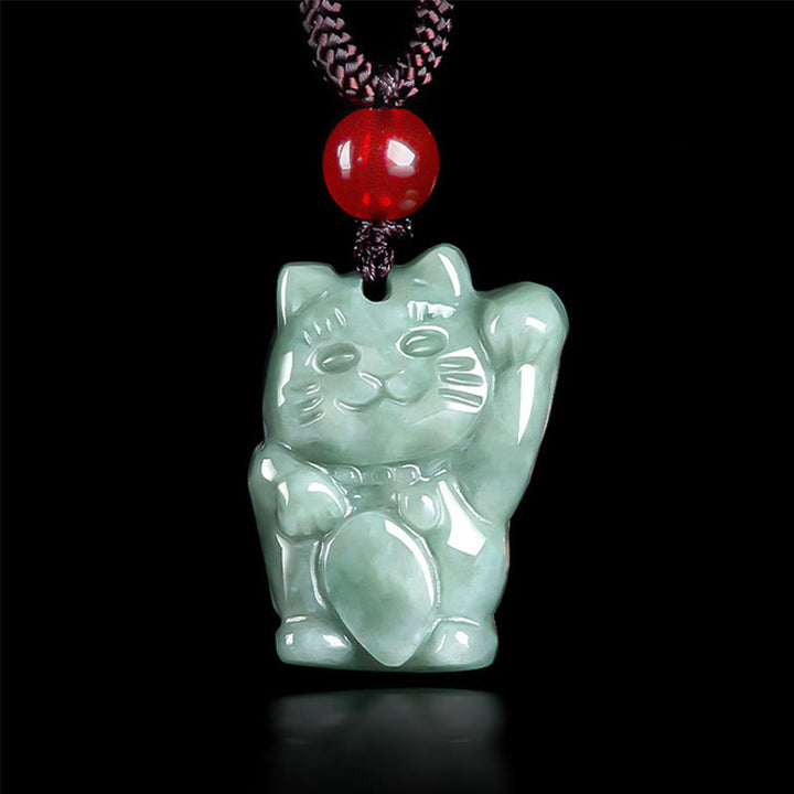 Buddha Stones Lucky Cat Jade Abundance Necklace Pendant - Bean Green Jade - image 1