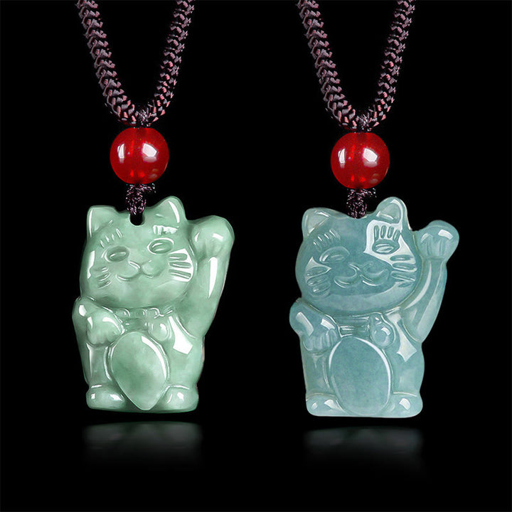 Buddha Stones Lucky Cat Jade Abundance Necklace Pendant