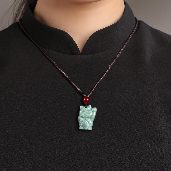 Buddha Stones Lucky Cat Jade Abundance Necklace Pendant