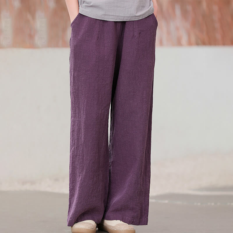 Buddha Stones Casual Plain Loose Straight Leg Women's Ramie Cotton Wide Leg Pants With Pockets