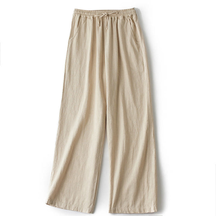 Buddha Stones Casual Plain Loose Straight Leg Women's Ramie Cotton Wide Leg Pants With Pockets