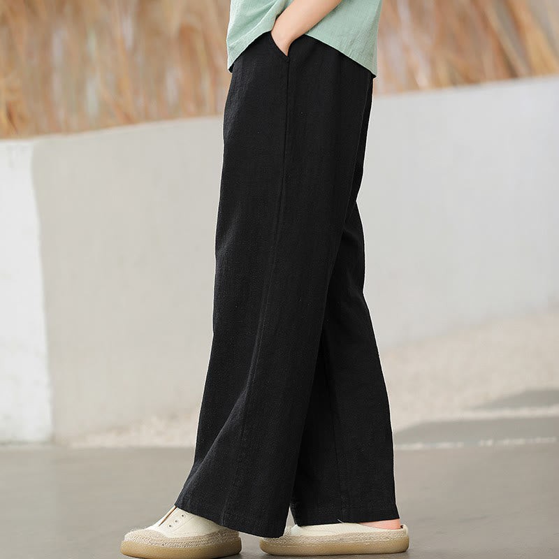 Buddha Stones Casual Plain Loose Straight Leg Women's Ramie Cotton Wide Leg Pants With Pockets - Black - US6，UK/AU10，EU38 (L) - image 8