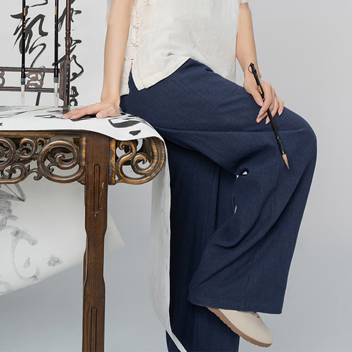 Buddha Stones Casual Plain Loose Straight Leg Women's Ramie Cotton Wide Leg Pants With Pockets