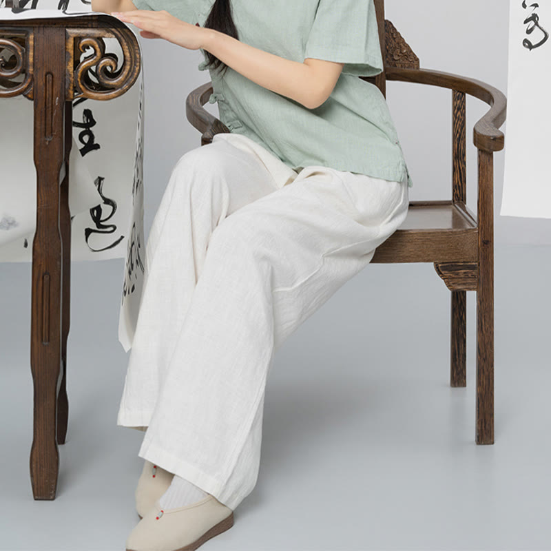 Buddha Stones Casual Plain Loose Straight Leg Women's Ramie Cotton Wide Leg Pants With Pockets