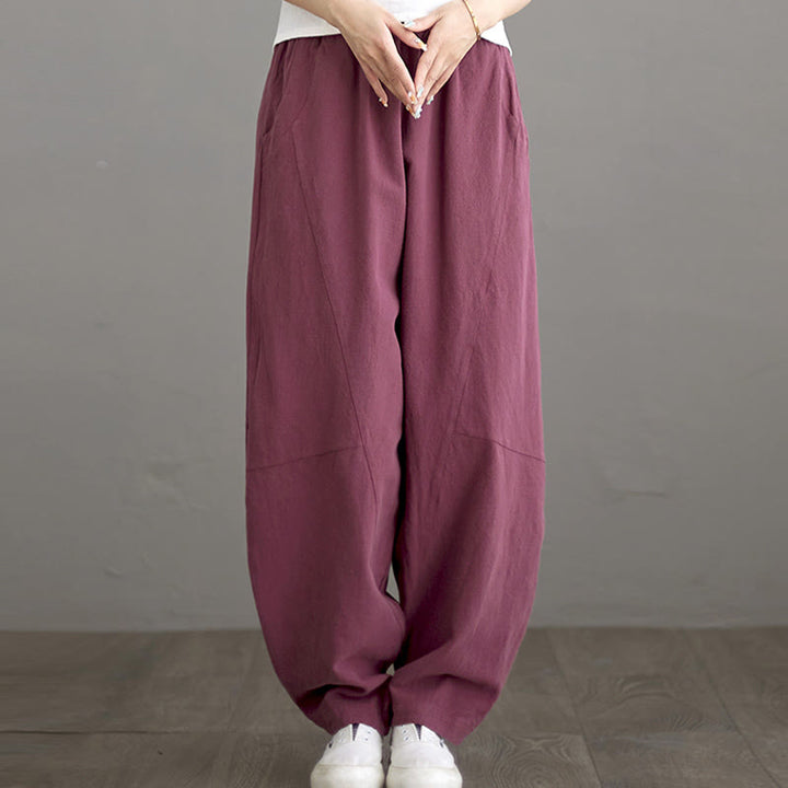 Buddha Stones Casual Plain Loose Women's Cotton Pants With Pockets - MediumVioletRed - US8-10，UK/AU12-14，EU40-42 (XL) - image 7