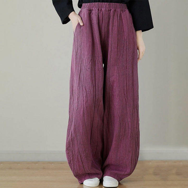Buddha Stones Casual Plain Loose Tie-Dye Distressed Women's Ramie Pants With Pockets - MediumVioletRed - US8-10，UK/AU12-14，EU40-42 (XL) - image 0