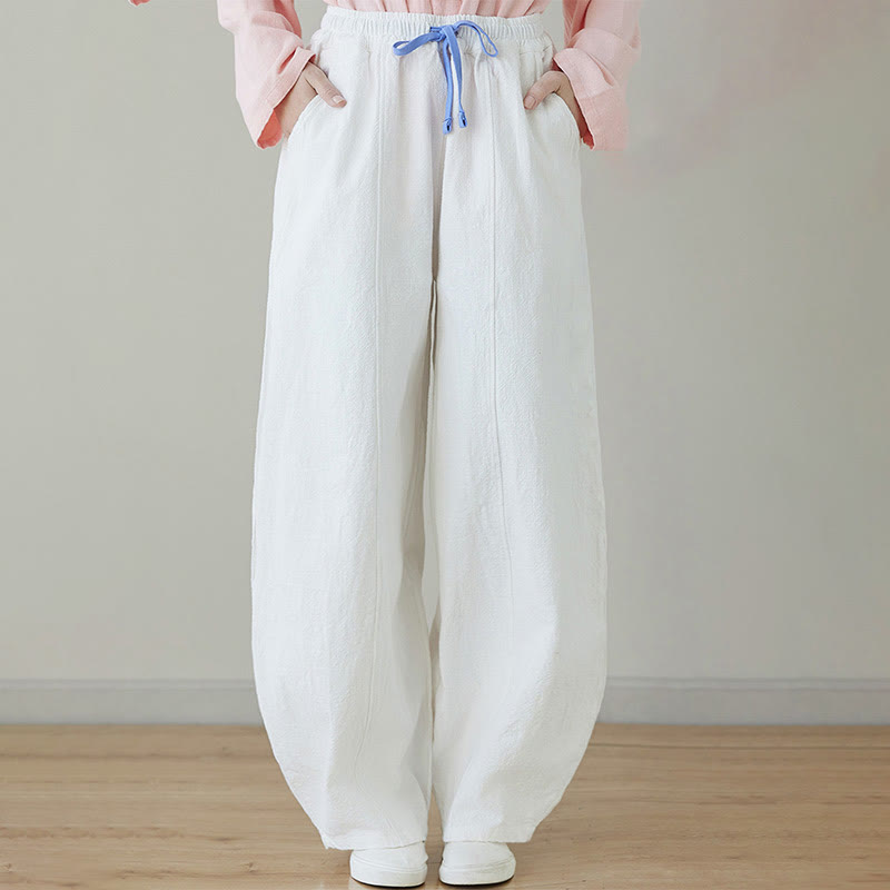 Buddha Stones Casual Plain Loose Rope Women's Cotton Linen Pants With Pockets