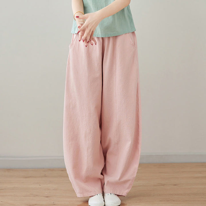 Buddha Stones Casual Plain Loose Rope Women's Cotton Linen Pants With Pockets