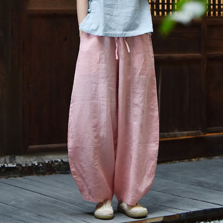 Buddha Stones Casual Plain Loose Rope Women's Cotton Linen Pants With Pockets