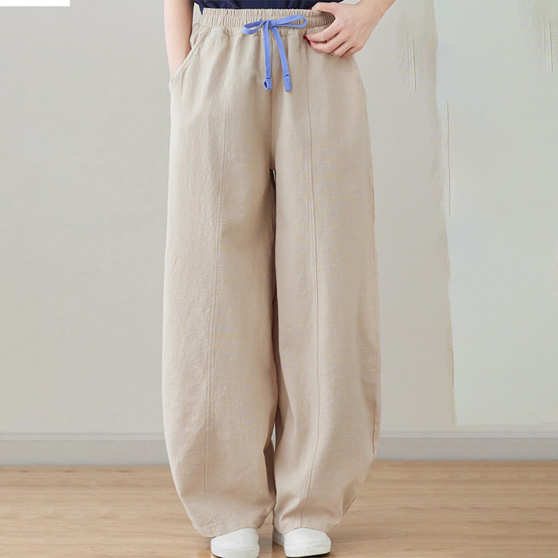 Buddha Stones Casual Plain Loose Rope Women's Cotton Linen Pants With Pockets