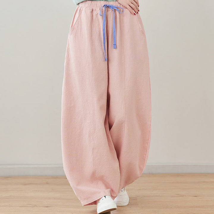 Buddha Stones Casual Plain Loose Rope Women's Cotton Linen Pants With Pockets