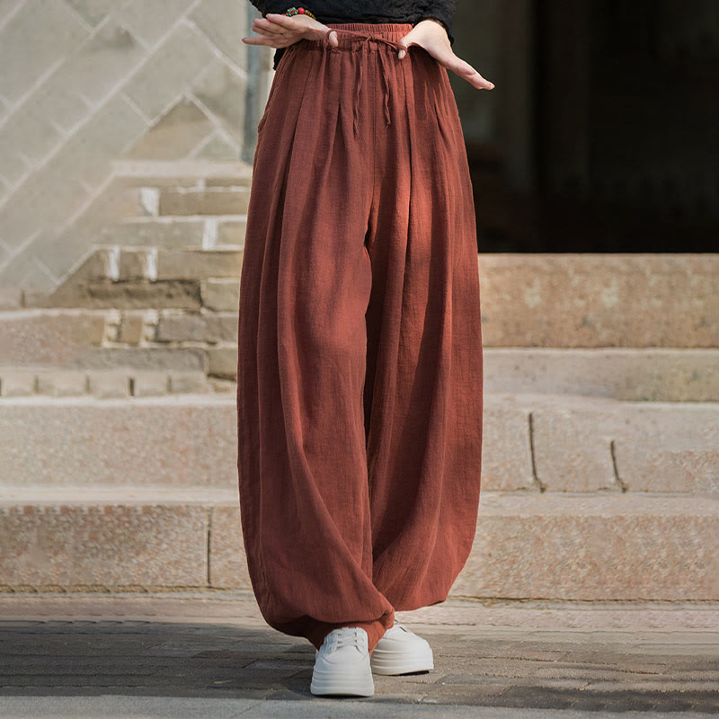 Buddha Stones Casual Plain Loose Waist Tie Rope Women's Ramie Cotton Pants With Pockets - image 2