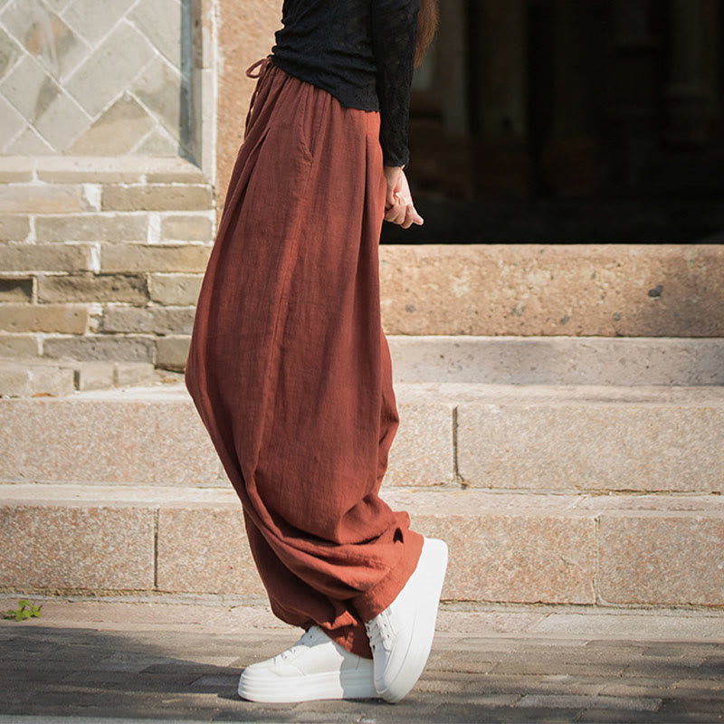 Buddha Stones Casual Plain Loose Waist Tie Rope Women's Ramie Cotton Pants With Pockets - image 4