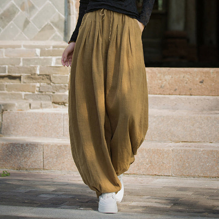 Buddha Stones Casual Plain Loose Waist Tie Rope Women's Ramie Cotton Pants With Pockets - image 13