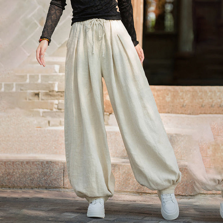 Buddha Stones Casual Plain Loose Waist Tie Rope Women's Ramie Cotton Pants With Pockets - image 22