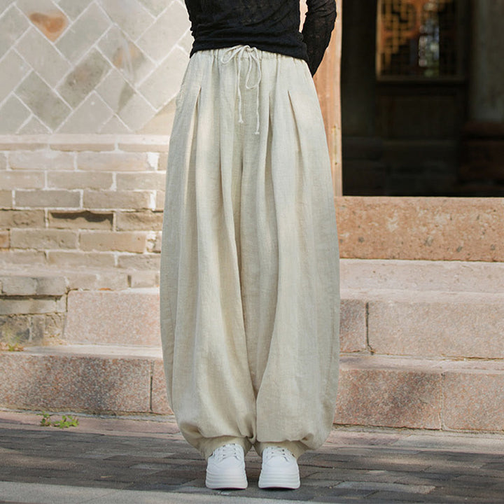 Buddha Stones Casual Plain Loose Waist Tie Rope Women's Ramie Cotton Pants With Pockets - image 24