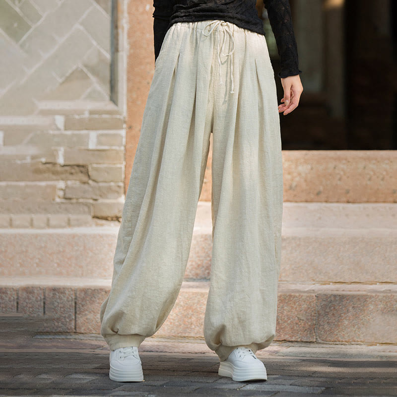 Buddha Stones Casual Plain Loose Waist Tie Rope Women's Ramie Cotton Pants With Pockets