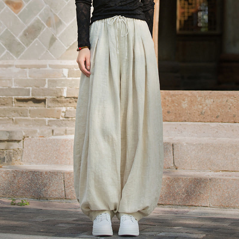 Buddha Stones Casual Plain Loose Waist Tie Rope Women's Ramie Cotton Pants With Pockets - image 21
