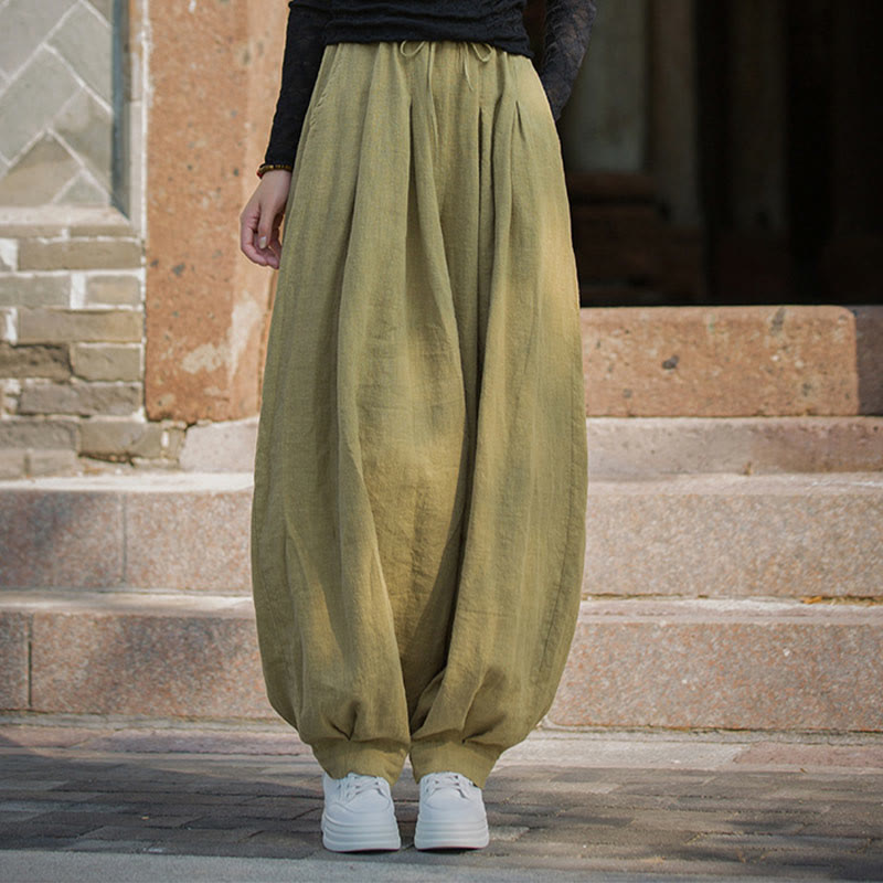 Buddha Stones Casual Plain Loose Waist Tie Rope Women's Ramie Cotton Pants With Pockets - image 30