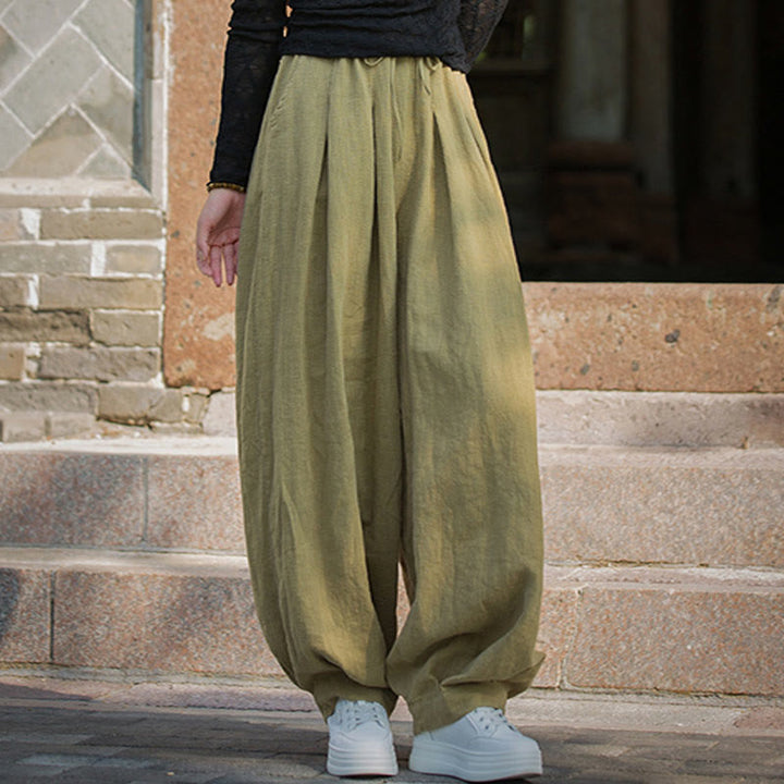 Buddha Stones Casual Plain Loose Waist Tie Rope Women's Ramie Cotton Pants With Pockets