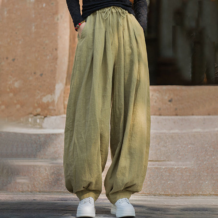 Buddha Stones Casual Plain Loose Waist Tie Rope Women's Ramie Cotton Pants With Pockets - image 34