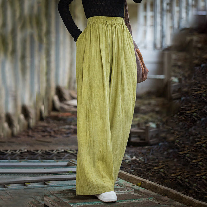 Buddha Stones Casual Plain Loose Handmade Tie-Dye Women's Ramie Cotton Wide Leg Pants With Pockets - GreenYellow - US4-6，UK/AU8-10，EU36-38 (F) - image 15